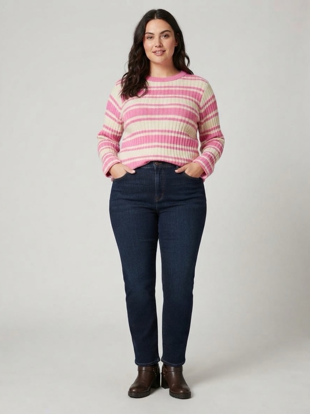 St. John's Bay Long Sleeve Pullover Pink Striped Sweater (Bust 46”Length 24”)